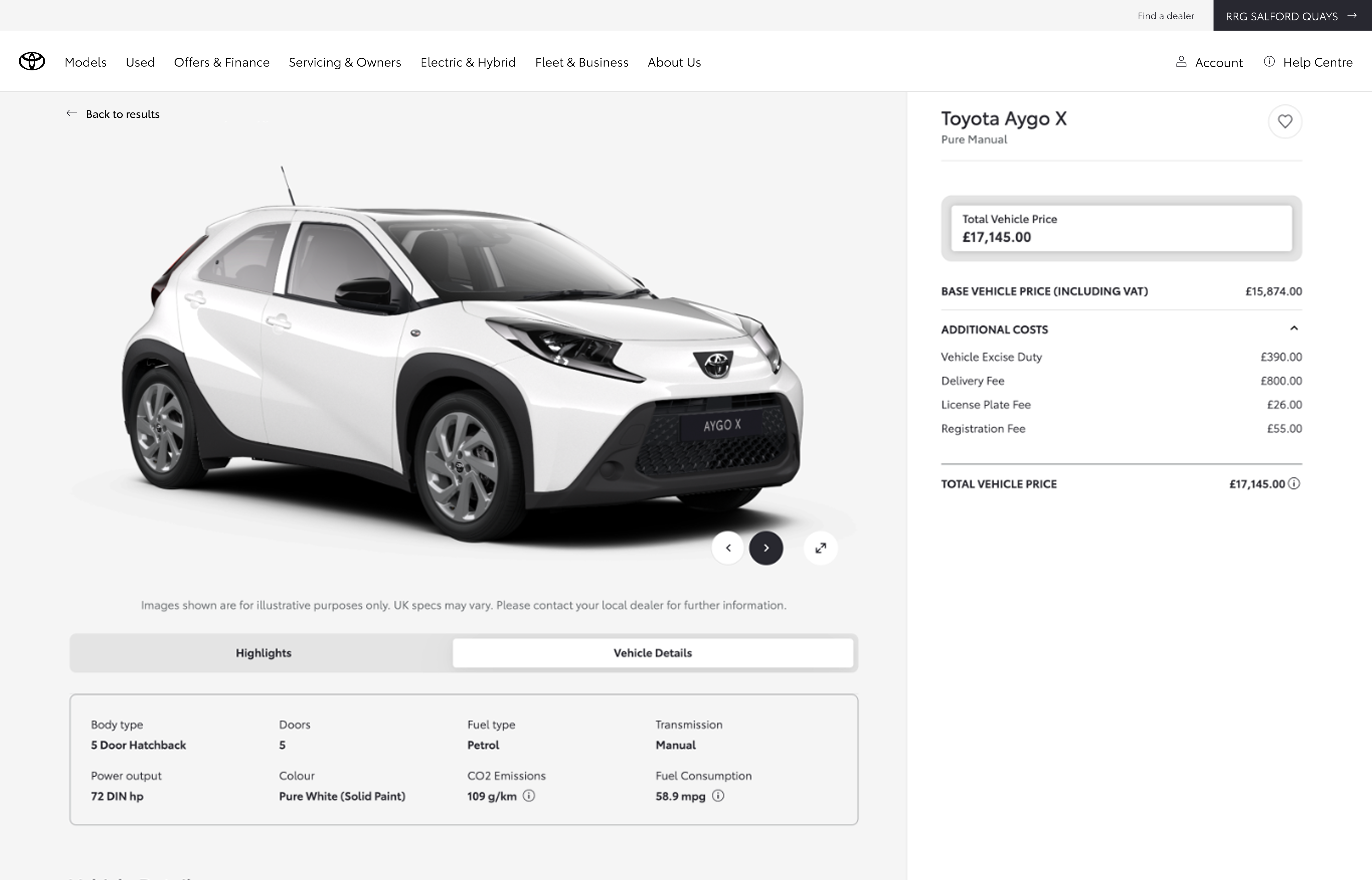 Toyota Aygo X product detail page, variant: back link navigation (Back to results) and refined pricing panel